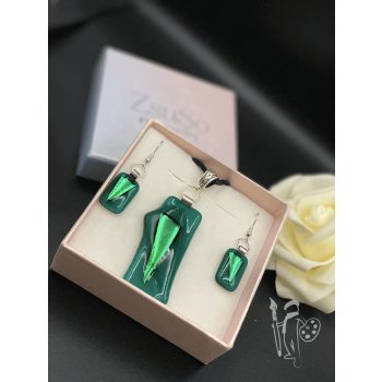   Üvegékszer-készlet 021 nyaklánc + fülbevaló (DARK GREEN)